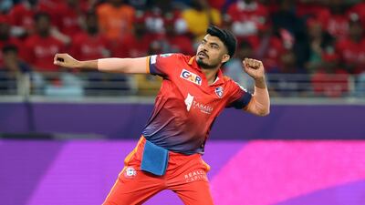 Dubai Capitals' Haider Ali after taking the wicket of Desert Vipers batter Dan Lawrence during the ILT20 final this year in Dubai. Chris Whiteoak / The National