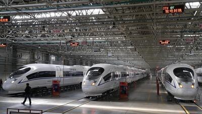 High-speed trains are docked at a commissioning and testing facility of the Tangshan Railway Vehicle. Rolex Dela Pena / EPA