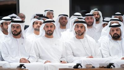 Left to right: Sheikh Sultan bin Saeed bin Mohamed, Sheikh Mohamed bin Hamad bin Tahnoon, Sheikh Nahyan bin Saif bin Mohamed and Sheikh Mohamed bin Saif bin Mohamed, attend the lecture. Rashed Al Mansoori / Ministry of Presidential Affairs