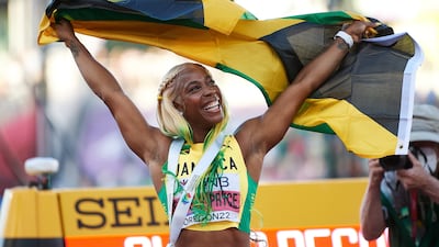 Gold medalist Shelly-Ann Fraser-Pryce of Jamaica, celebrates after winning the women's 100 meter final, during the IAAF World Athletics Championships, at Hayward Field stadium, in Eugene, Oregon, USA, 17 July 2022. EPA / JEAN-CHRISTOPHE BOTT POLAND OUT