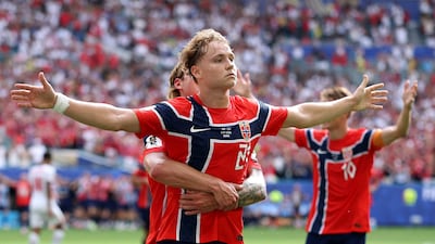 Norway's Andreas Schjelderup celebrates scoring to put his team 1-0 up. Getty Images