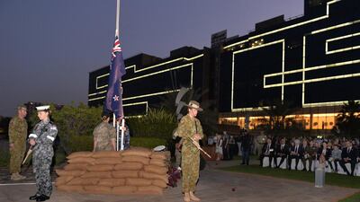 The ceremony for the 100th anniversary of ANZAC Day at Fairmont Bab Al Bahr Hotel, Abu Dhabi. Vidhyaa Chandramohan for The National .