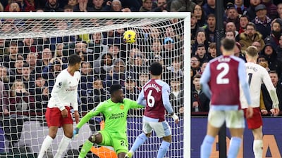 Aston Villa's Douglas Luiz scores their first goal past Manchester United's Andre Onana. Reuters