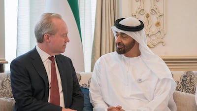 Sheikh Mohammed bin Zayed, Crown Prince of Abu Dhabi and Deputy Supreme Commander of the Armed Forces, meets Dr Thomas Kennedy, chief executive of Raytheon, at a Sea Palace barza. Rashed Al Mansoori / Crown Prince Court - Abu Dhabi