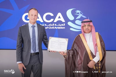 VistaJet chief operating officer Nick van der Meer, left, with Abdulaziz bin Abdullah Al Duailej, chairman of Gaca. The authority has authorised VistaJet as the first international private jet operator to conduct domestic flights in Saudi Arabia. Photo: Gaca