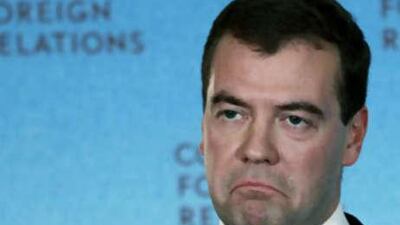 The Russian president Dmitri Medvedev speaks at an event hosted by the Council on Foreign Relations at the Washington Club yesterday.