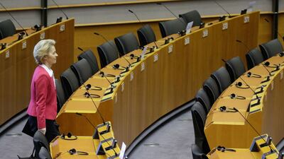 President of European Commission, Ursula Von der Leyen at a mini plenary session of European Parliament in Brussels, Belgium, on March 26 mainly operated via video conference. AFP