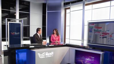 The studio at Arabic TV network Al Hurra, part of Middle East Broadcasting Networks (MBN), founded in 2004 and funded by the US government. Al Hurra