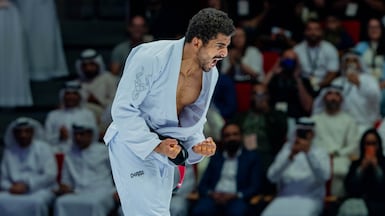 Zayed Al Katheeri reacts after the win over Anderson Duarte in the black belt 62kg final in the 17th Abu Dhabi World Professional Jiu-Jitsu Championship at the Mubadala Arena on Saturday, November 22, 2025. Photo: UAEJJF