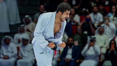 Zayed Al Katheeri reacts after the win over Anderson Duarte in the black belt 62kg final in the 17th Abu Dhabi World Professional Jiu-Jitsu Championship at the Mubadala Arena on Saturday, November 22, 2025. Photo: UAEJJF