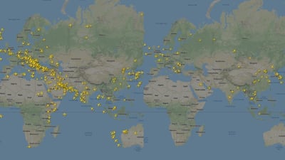 The world's skies on Wednesday, March 4, left, and on Saturday, April 4, right. Flightradar