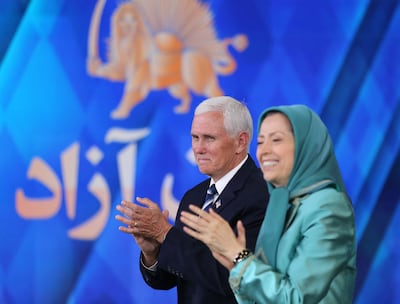 Former US vice president Mike Pence and the leader of the People's Mujahedin of Iran, Maryam Rajavi, at the Ashraf-3 camp in June last year. AFP