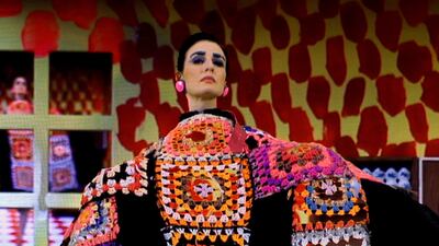 Crochet squares are transformed into a dramatic dress by Matty Bovan. Photo: Matty Bovan