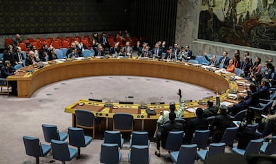 United Nations Security Council members, except Russia and China, raise hands in a vote supporting Yemen related sanctions on Tuesday February 25, 2020 at UN headquarters. AP