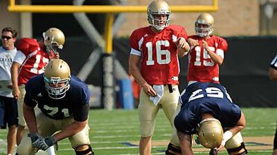 Nate Montana, No 16, the Notre Dame back-up quarterback, is hoping to follow in the footsteps of his famous father, Joe.