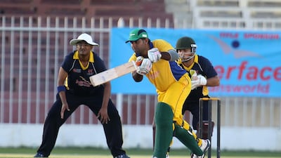 Asif Iqbal of Danube Lions playing a shot during the 41st Bukhatir League final cricket match on Monday. Pawan Singh / The National