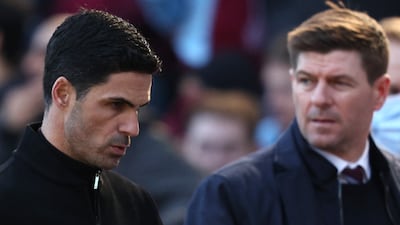 Arsenal manager Mikel Arteta and Aston Villa coach Steven Gerrard. AFP