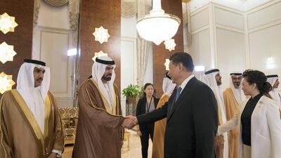 Mohamed Al Gergawi, greets President Xi Jinping Crown Prince Court - Abu Dhabi