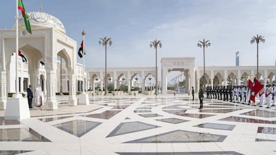 Sheikh Mohamed bin Zayed and Mohamed Ghazouani, President of Mauritania, stand for the national anthem during an official visit at Qasr Al Watan. Eissa Al Hammadi for the Ministry of Presidential Affairs