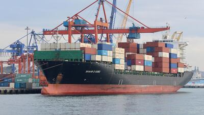 Iranian container ship 'Shahr e Kord' at Haydarpasa port in Istanbul, Turkey, in 2019. Reuters