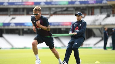 England players Jason Roy, left, and Joe Root take part in a training drill during England nets. Stu Forster / Getty Images