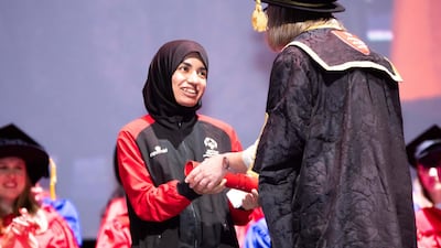 Emirati sprinter Hamda Al Hosani receives an honorary doctorate from Middlesex University in Dubai for raising the profile of women in sports and changing the perception of people with disabilities. The athlete - who won Special Olympics medals in the 100m and 200m - is recognised at a special ceremony at the Dubai Opera on Saturday. Courtesy: Middlesex University Dubai