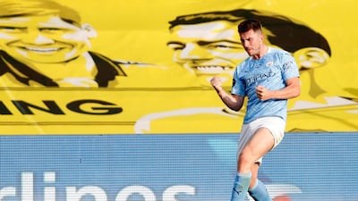 Manchester City's Aymeric Laporte celebrates after scoring his side's fourth goal. AP