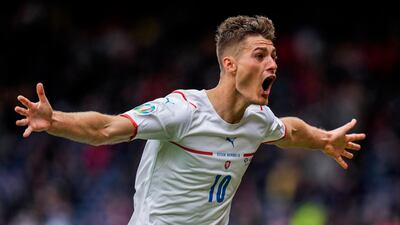 Czech Republic's Patrik Schick celebrates after scoring his second goal during the Euro 2020 match against Scotland t Hampden Park stadium in Glasgow on Monday, June 14, 2021. AP
