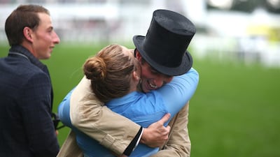 Winning connections celebrate after Daniel Tudhope rides Move Swiftly to win The Duke of Cambridge Stakes. Getty Images