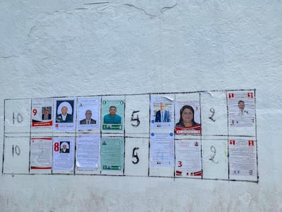 Posters of candidates running in Saturday's parliamentary elections from the Ain Drahem-Tabarka constituency in north-west Tunisia. Ghaya Ben Mbarek / The National.