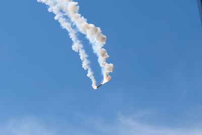 A failed Israeli air defence interception is seen from Upper Galilee in northern Israel on Monday. EPA