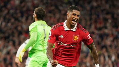 Manchester United's Marcus Rashford celebrates after scoring his side's second goal during the English Premier League soccer match between Manchester United and Liverpool at Old Trafford stadium, in Manchester, England, Monday, Aug 22, 2022. (AP Photo / Dave Thompson)