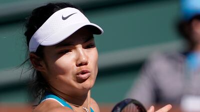 Emma Raducanu, of Britain, returns a shot against Caroline Garcia, of France, at the BNP Paribas Open. AP Photo