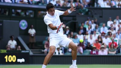 Brandon Nakashima of the US plays a forehand against Nick Kyrgios of Australia. Getty