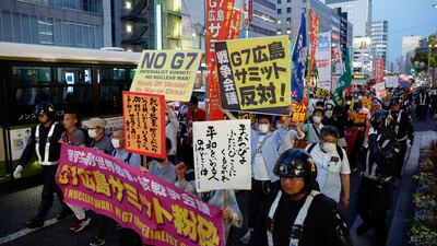Anti-G7 protesters demonstrate before the summit in Hiroshima. Reuters