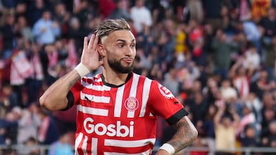 Girona's Argentinian striker Valentin 'Taty' Castellanos celebrates after scoring the 3-1 goal during the Spanish LaLiga soccer match between Girona FC and Real Madrid, in Girona, Catalonia, Spain, 25 April 2023. EPA / David Borrat