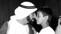 Sheikh Zayed with Sheikh Mohamed in October 1971. Photo: National Archives