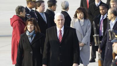 US vice president Mike Pence and Second Lady Karen Pence arrive at Osan airbase in Pyeongtaek, South Korea, on February 8, 2018. Ryu Seung-il / Bloomberg