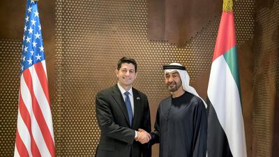 Sheikh Mohamed bin Zayed, Crown Prince of Abu Dhabi and Deputy Supreme Commander of the Armed Forces, greets Paul Ryan, Speaker of the US House of Representatives. Mohamed Al Hammadi / Crown Prince Court