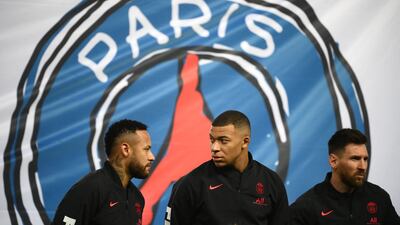 Paris Saint-Germain's Neymar, Kylian Mbappe and Lionel Messi before the match. AFP