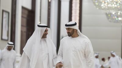 Sheikh Mohammed bin Zayed, Crown Prince of Abu Dhabi and Deputy Supreme Commander of the Armed Forces, receives Sheikh Hamad bin Mohammed Al Sharqi, Ruler of Fujairah, during iftar at Al Bateen Palace. Mohamed Al Hammadi / Crown Prince Court – Abu Dhabi