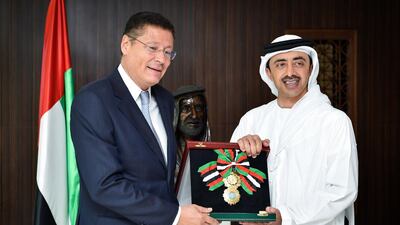 Sheikh Abdullah bin Zayed presented the Medal of Independence to Ruben Eduardo Caro on Sunday. Wam