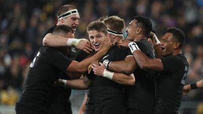 Beauden Barrett of the All Blacks, centre, celebrates his try against Wales at Westpac Stadium in Wellington on Saturday. Phil Walter / Getty Images