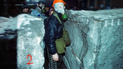 Barricades at the parliament in Riga in 1991. Thousands built similar barricades to challenge the Soviet military; the city at the start of the country’s freedom movement is the setting for Abele’s High Tide. Ilmars Znotins / AFP