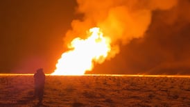 A gas pipeline on fire between the town of Al Shoula, in the south of Syria's Deir Ezzor province, and the provincial capital. Sana