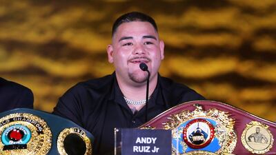 Andy Ruiz Jr addresses the media during a press conference for "Clash on the Dunes". EPA