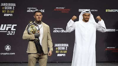 UFC heavyweight champion Tom Aspinall and Ciryl Gane face off at the press conference before their title fight at Etihad Arena, Abu Dhabi. Chris Whiteoak / The National