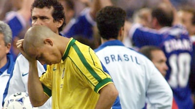 Brazilian forward Ronaldo looks dejected at the Stade de France in Saint-Denis, near Paris, after the 1998 World Cup final match. AFP