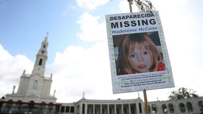 A picture of British girl Madeleine McCann, who disappeared from the Praia da Luz beach resort in the Algarve, at Our Lady of Fatima shrine in northern Portugal, in May 2007. AP