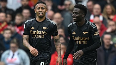 Gabriel Jesus, left, scored to give Arsenal a 2-0 lead at Anfield but Liverpool fought back to claim a 2-2 draw and potentially hand the Premier League title advantage to Manchester City. AFP